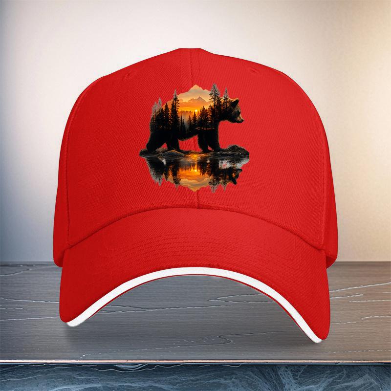 Bear Forest Sunset Reflection Graphic Baseball Cap Unisex Polyester Casual Outdoor Adjustable Hat