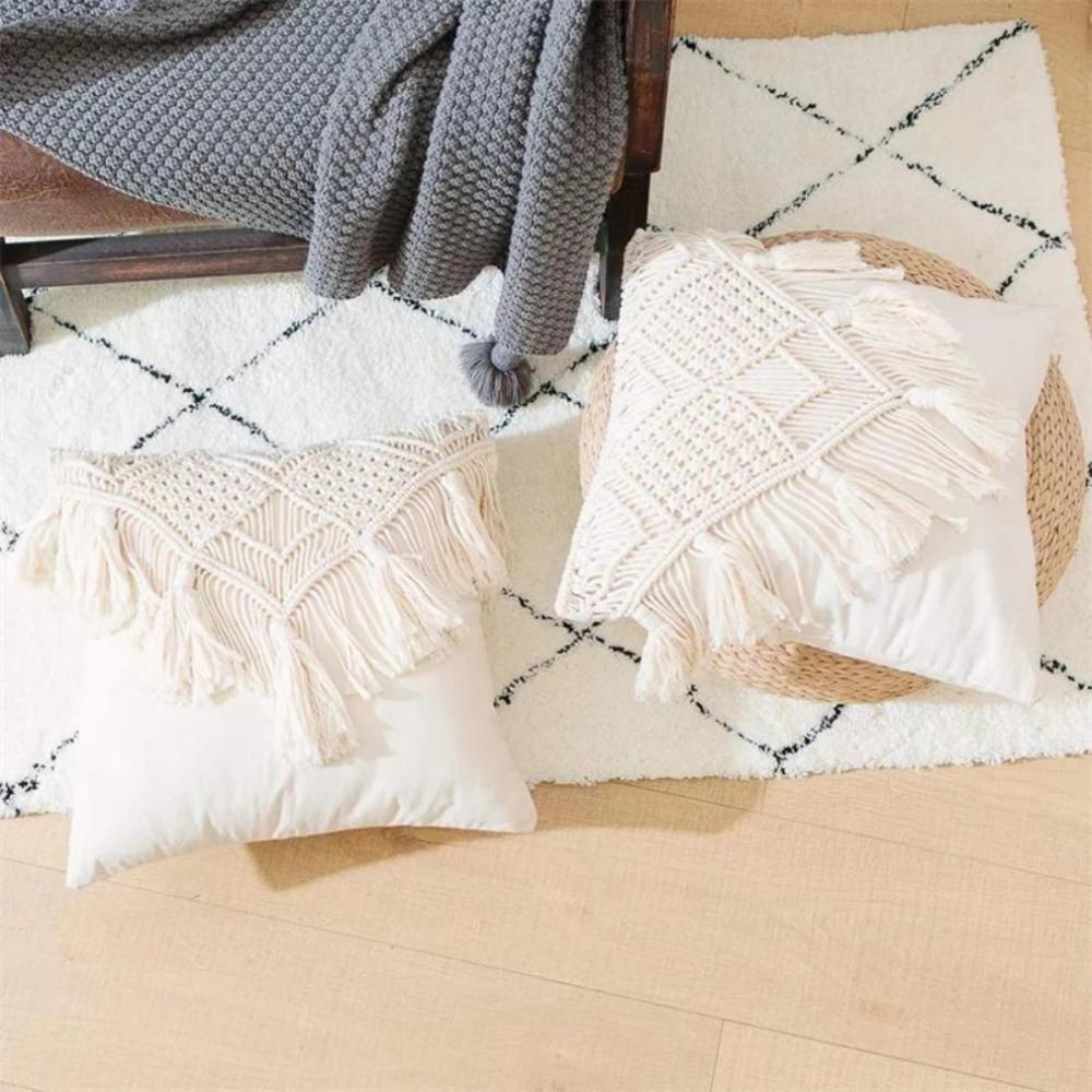 Hand-woven Bohemian Macrame Pillow Cover with Tassel Pillowslip Ethnic Knitted Pillow Case  Bedroom