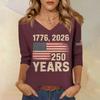 Womens V Neck 3/4 Sleeve Top with Printed States Flag and 250 Years Letter Design Casual Fit