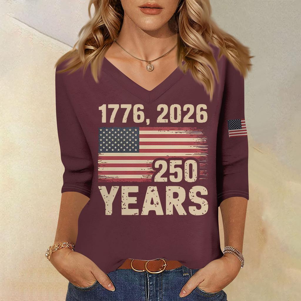 Womens V Neck 3/4 Sleeve Top with Printed States Flag and 250 Years Letter Design Casual Fit