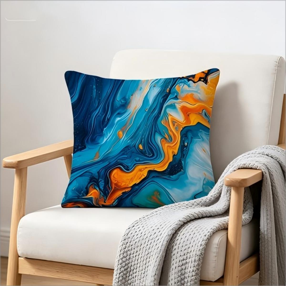 Blue & Orange Marble Fluid Art Print Throw Pillow Cover, Abstract Swirl Pattern Decorative Cushion For Modern Home Peach skin 18*18(CM)-1Pcs