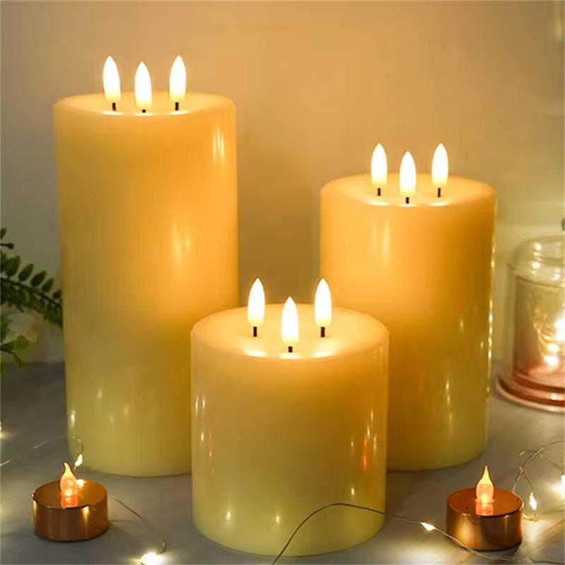 3-Pack 3 Wicks Flameless LED Candles Pillar Candle Real Wax LED Candle for Wedding Home Hotel Decoration Big LED Candle