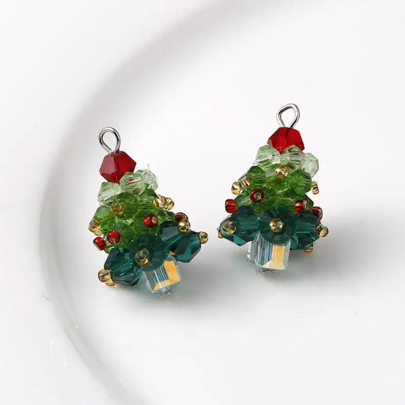 Winter Christmas Tree Charm Beaded Crystal Glass Handmade Woven for Earrings and Necklace Diy Making Jewelry Gifts Wholesale