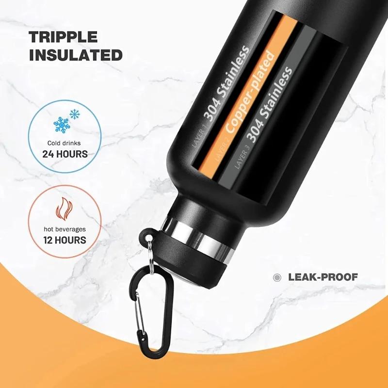 Fjbottle 1000ml Botella Deportiva de Acero Inoxidable con Aislamiento al Vacío y Mosquetón, Antiderrames, Libre de BPA, Botellas Termo