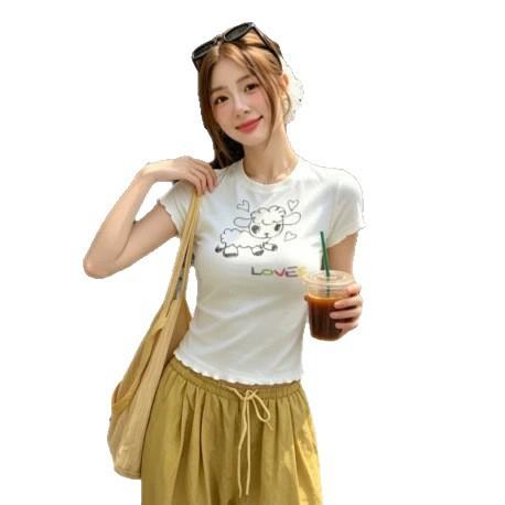 Fashion Versatile Pure Desire Sweet and Spicy Lamb Printed Love Short Sleeve Lace T-Shirt Women's Summer New Waist Top Trend