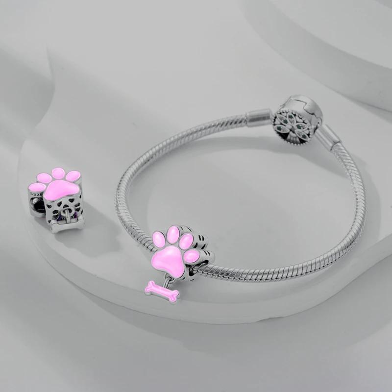 Charms Copper Plated Pink Luminous Dog Paw Bone Beads Fit Original Bracelet Beads Women Jewellery Making Diy