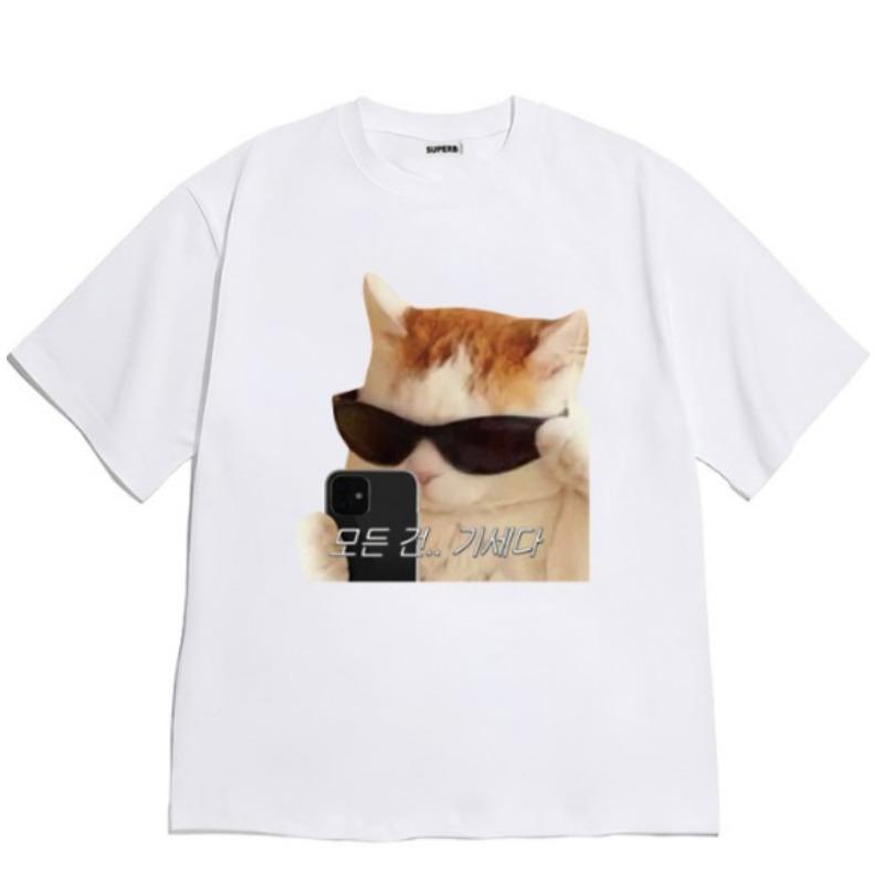Neutralní Styl Cool Kočka Selfie Tričko Korejský Text Meme Potisk Krátký Rukáv Kulatý Výstřih Měkké Pratelné Vrcholy Vtipné Streetwear