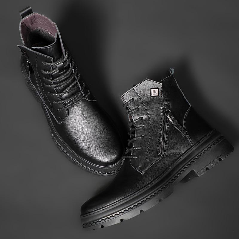 Winter men's leather boots leather warm Martin boots wool trend boots fleece single boots men's shoes soft handsome