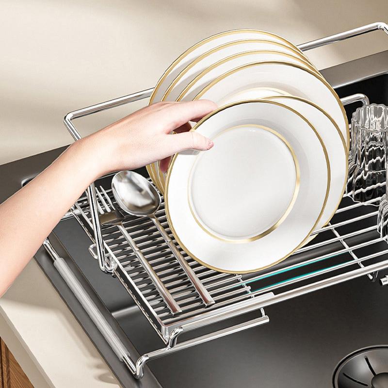 Stainless Steel Expandable Sink Drainer Rack with Filter Mesh Kitchen Dish Drying Organizer for Plates Bowls and Cups