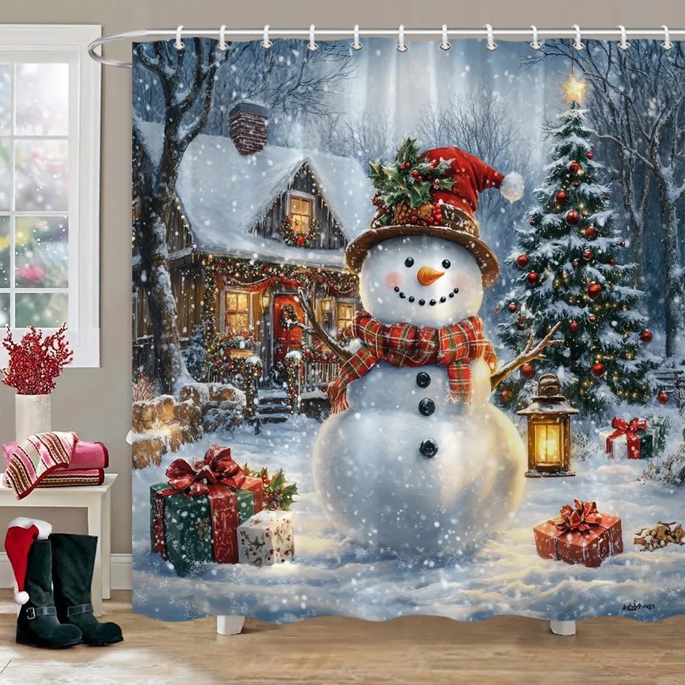 Świąteczny Bałwan Zasłona Prysznicowa Różowy Domek z Cukierków Święty Mikołaj Prezent Świąteczny Poliestrowe Zasłony Prysznicowe Dekoracja Łazienki Z Haczykami