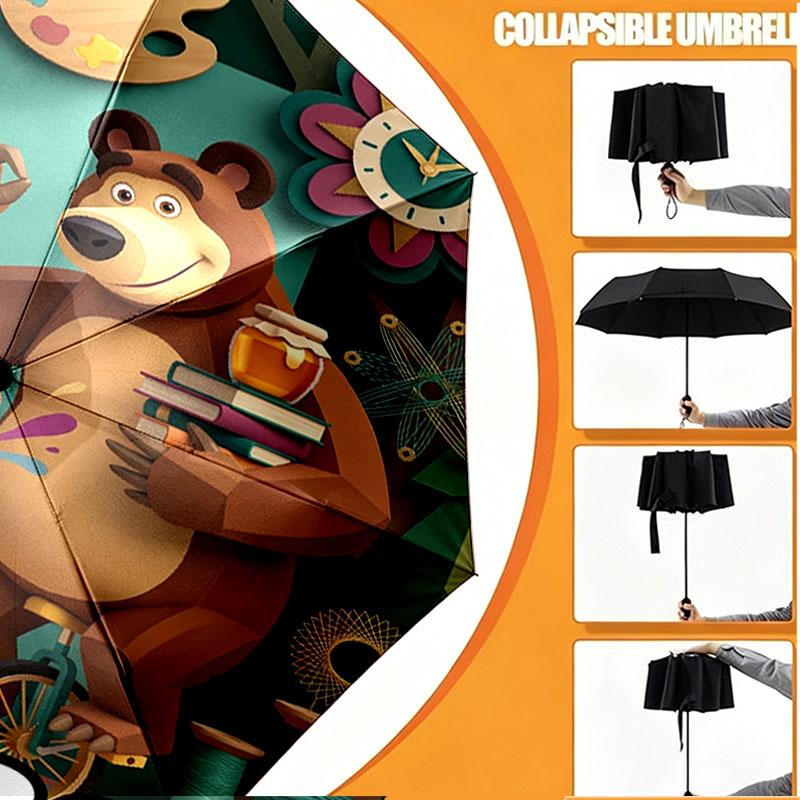 Custom Name Personalized Masha and the Bear Print Umbrella, Auto Open Close, 8‑Rib Sturdy Frame, Commute Camping Hiking Use, Birthday Gift