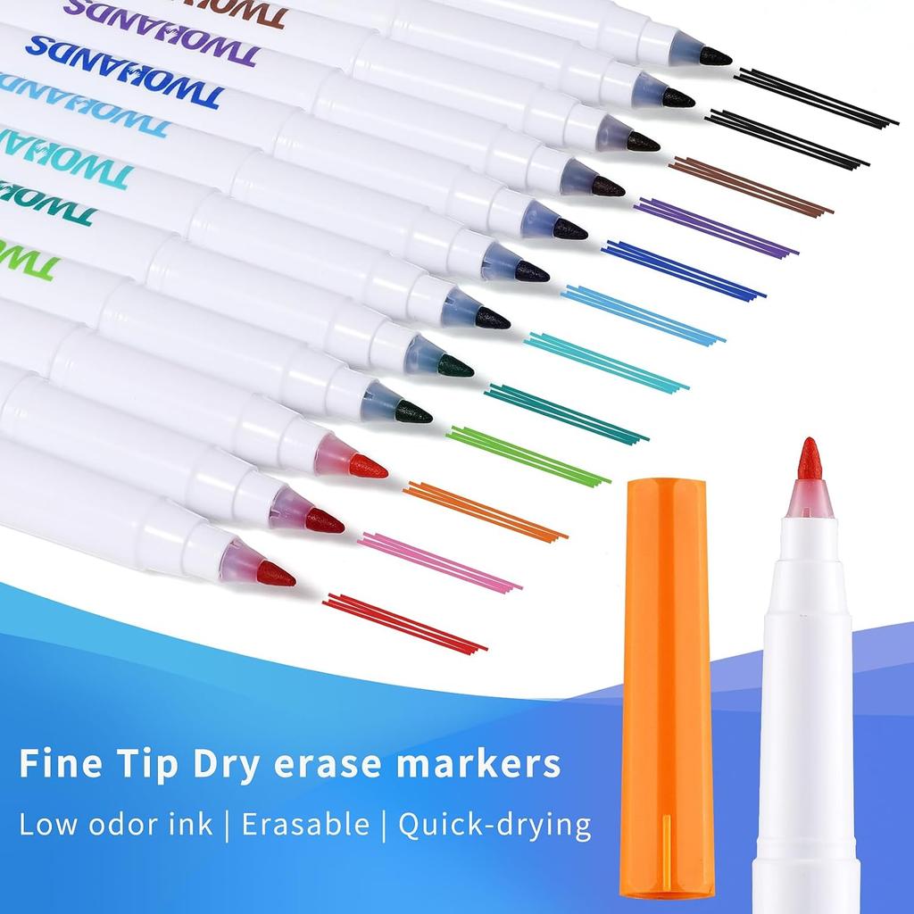 TWOHANDS Dry Erase Markers Ultra Fine Tip,0.7mm,Low Odor,Extra Fine Point,11 Assorted Colors,Whiteboard Markers for Office,Home,or Planning