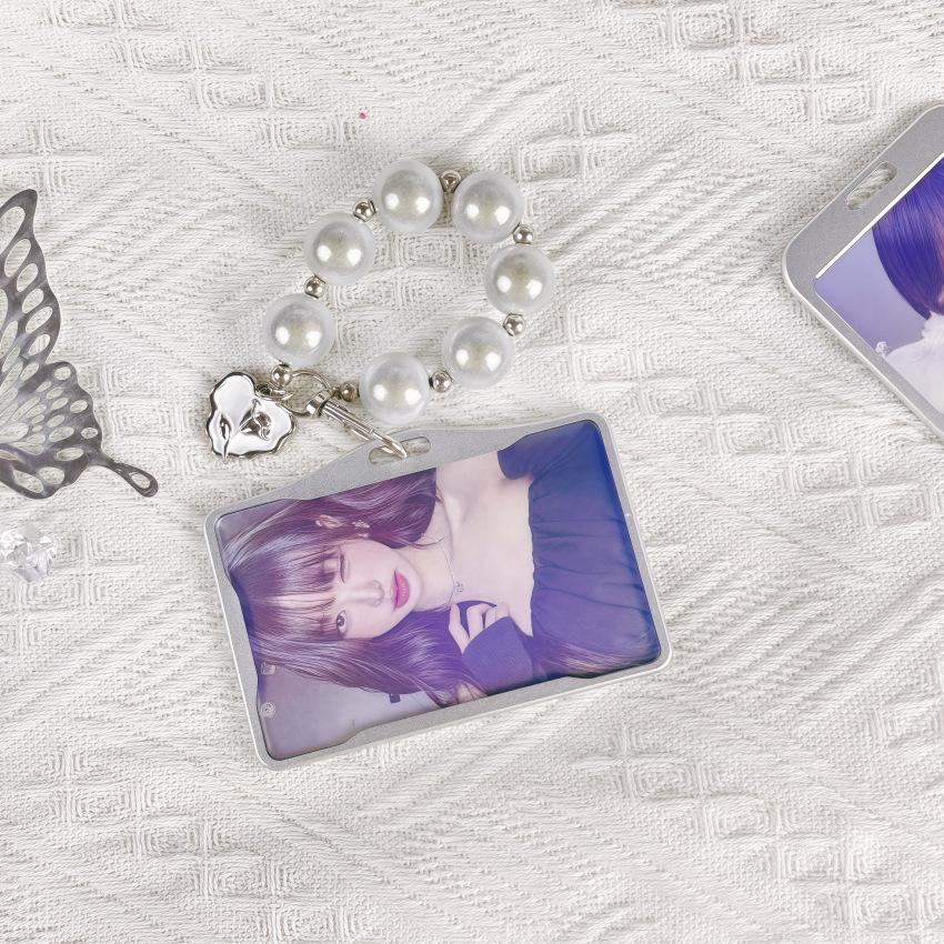 Silver Metal Star Idol Photo Frame Badge Holder with Beaded Chain