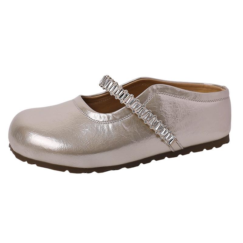 Retro rhinestone word with bag head half slippers women's summer fashion versatile leather shoe buckle with skirt cool slippers