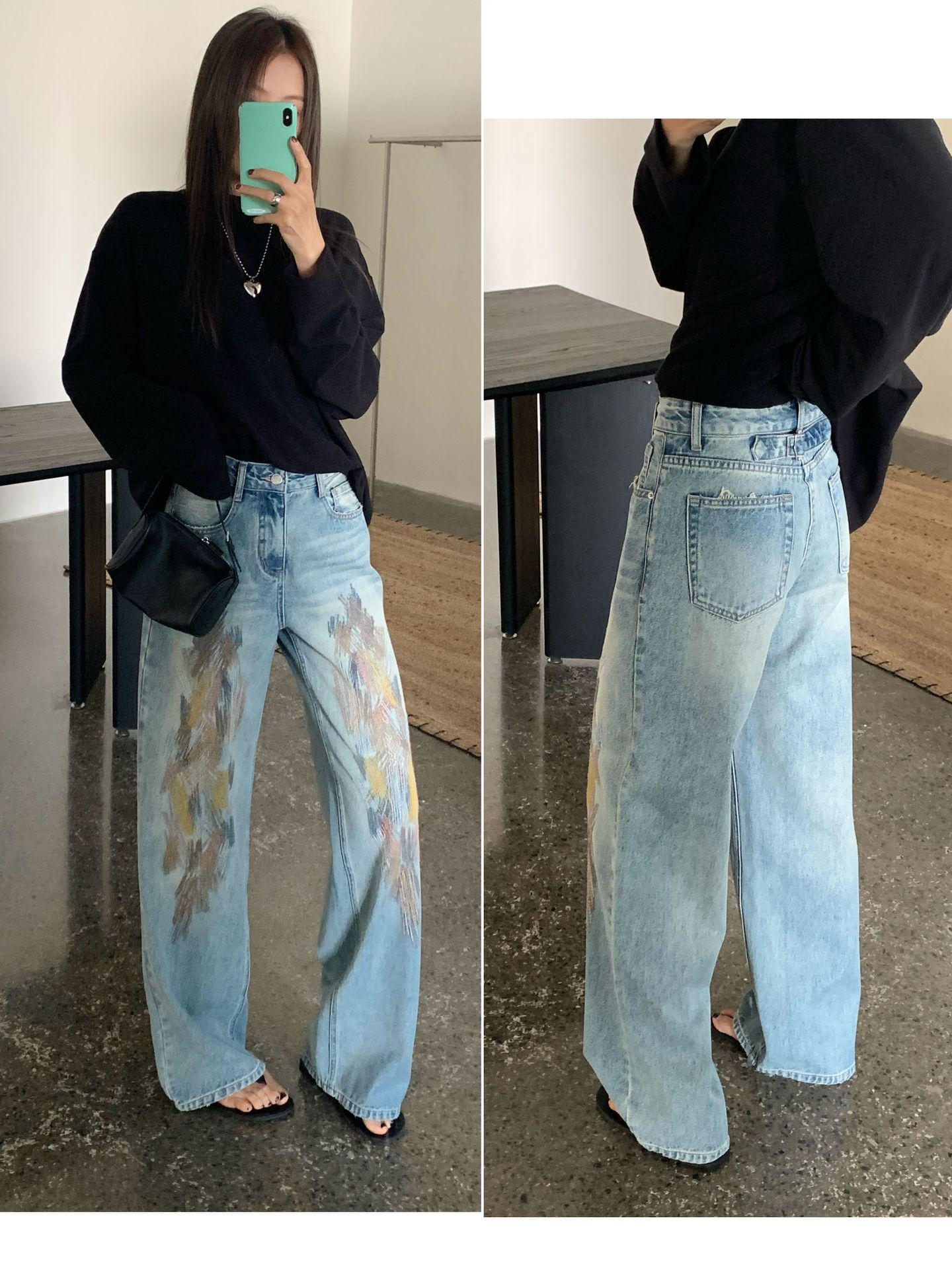 26 Years Early Spring European Painted Embroidery Wide-Leg Jeans 29