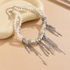 Fashionable Tassels Heart Pendant Necklace with Imitation Pearls and Metal Chain Modern Necklace Present for Women
