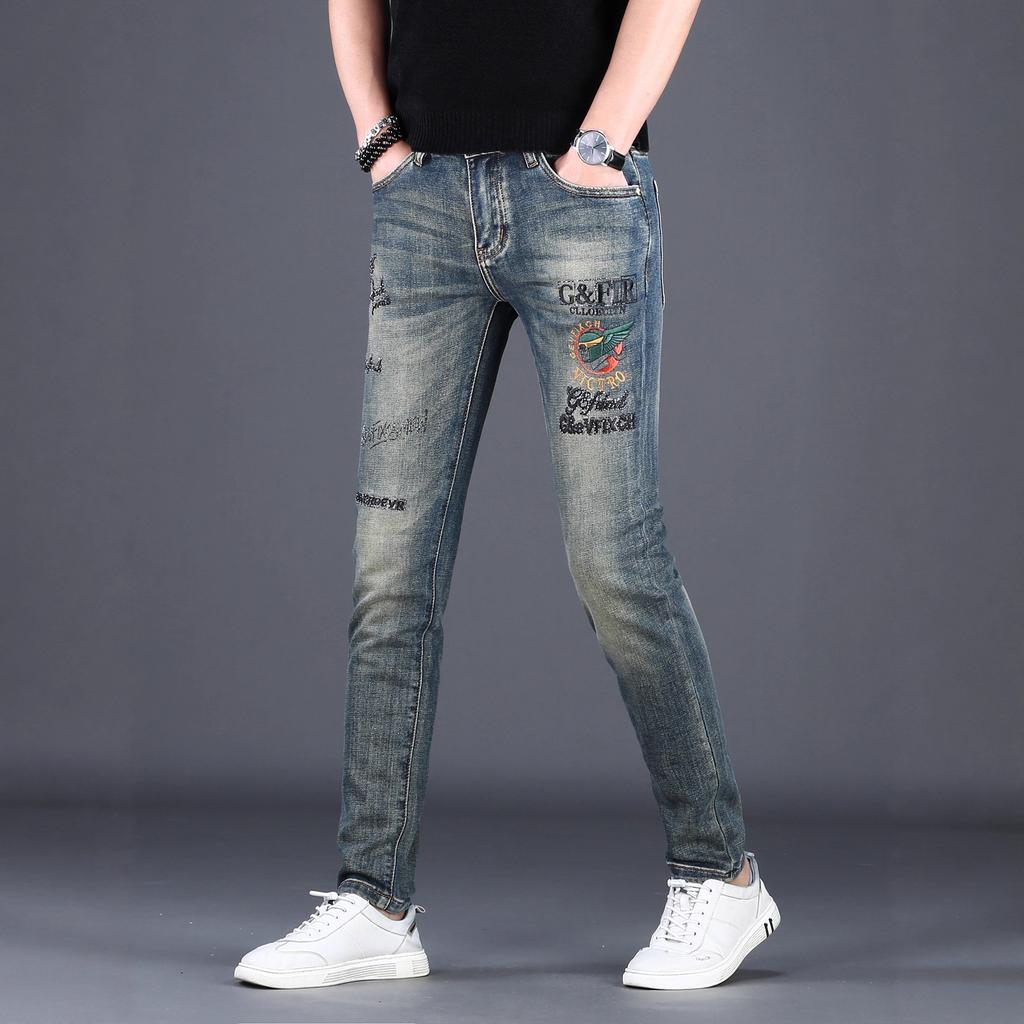 High-end European Autumn and Winter Jeans Men's Slim-fitting Small Feet Trendy Brand Elastic Personality Fashion Embroidery Men's Long Pants