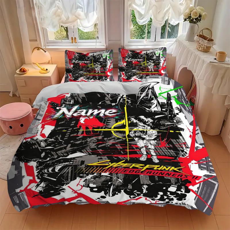 Custom Name Cyberpunk Edgerunners Bedding 3 Piece Set HD Print Duvet Cover Pillowcases for Teens Adult Bedroom Decoration Christmas Gift