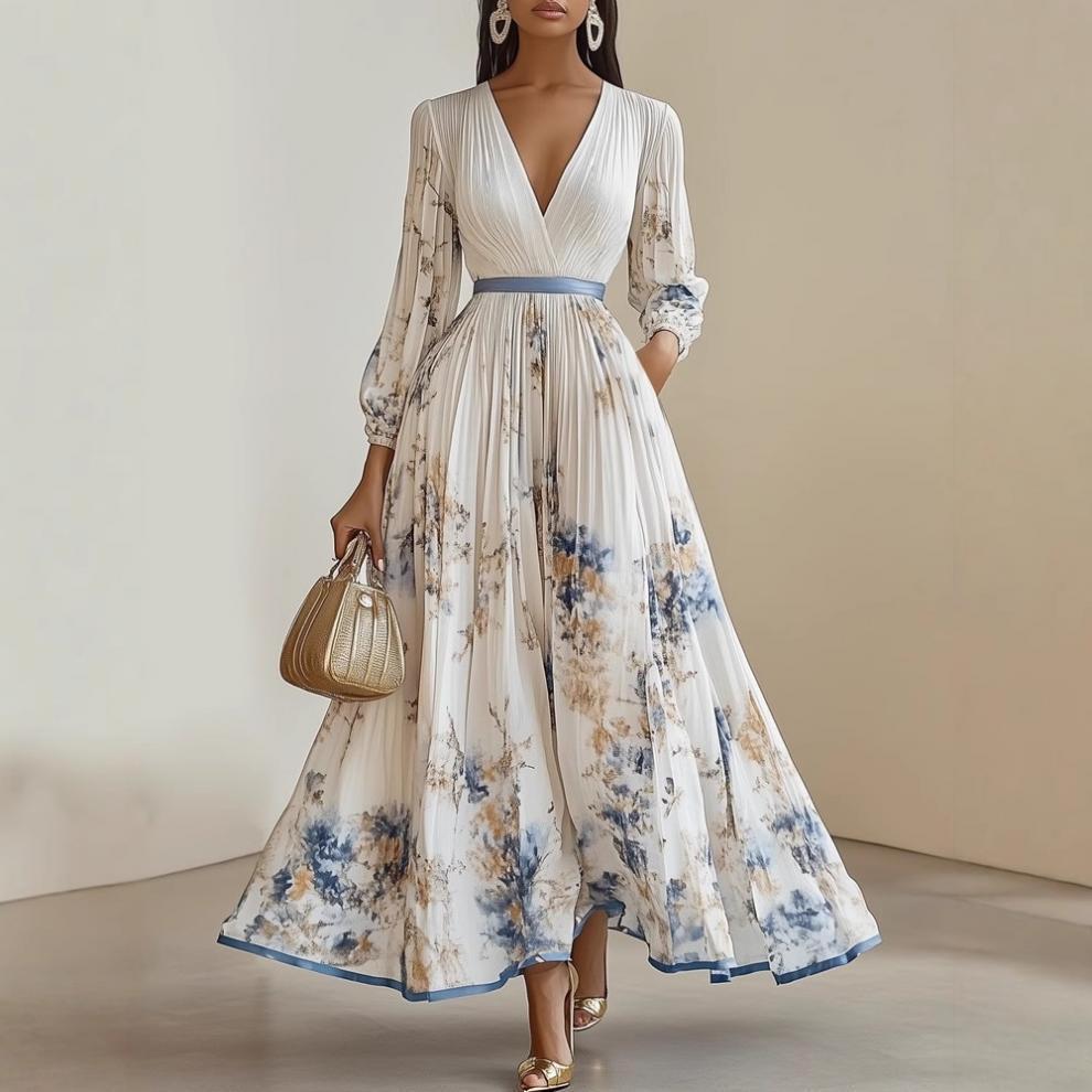 Spring 2026 Women's V-Neck Elegant Solid Pleated Dress - European & American Style