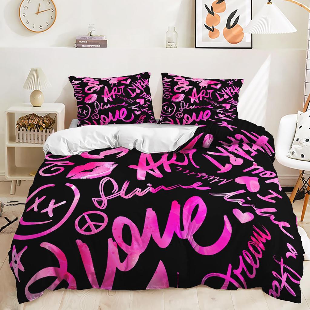 3 Pieces Bedding Set With Zipper Closure Red Heart Duvet Cover Queen Love Heart Pattern White Comforter Covers Set Cute Print