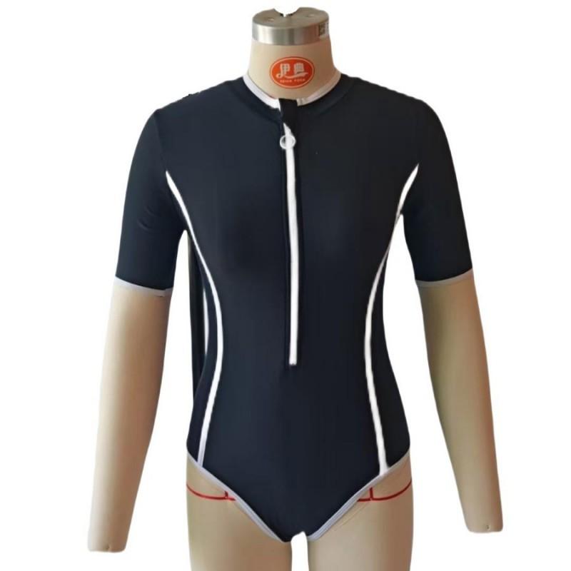 Womens Solid Color High-Neck Zipper Front One-Piece Swimsuit With Built-in Bra Mid-Sleeve High Elasticity Swimming Water