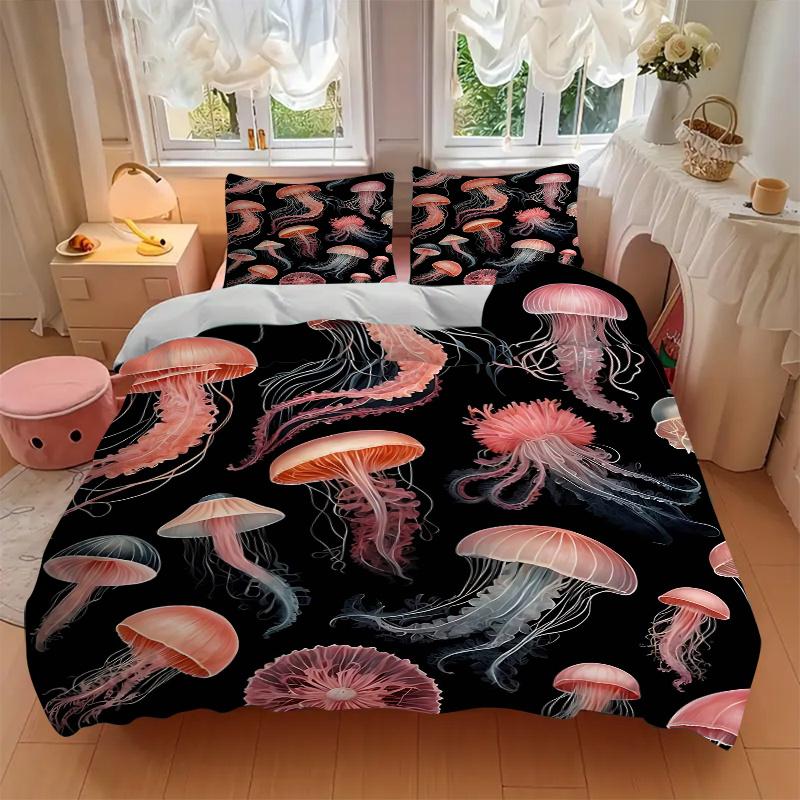 3pcs Jellyfish Design Comforter Set with One Quilt Cover and Two Pillowcases (No Core), Perfect for Bedroom Decor, Festive Gifts, Polyester Fabric