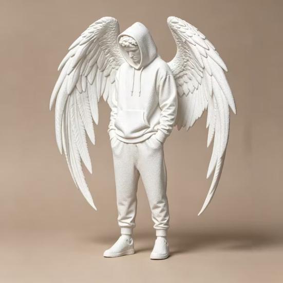PLA Angel Decor 3D Printed Figurine, Winged Man Decorative Statue, Hoodies Desk Decoration Boys Sculpture for Home Office Shelf
