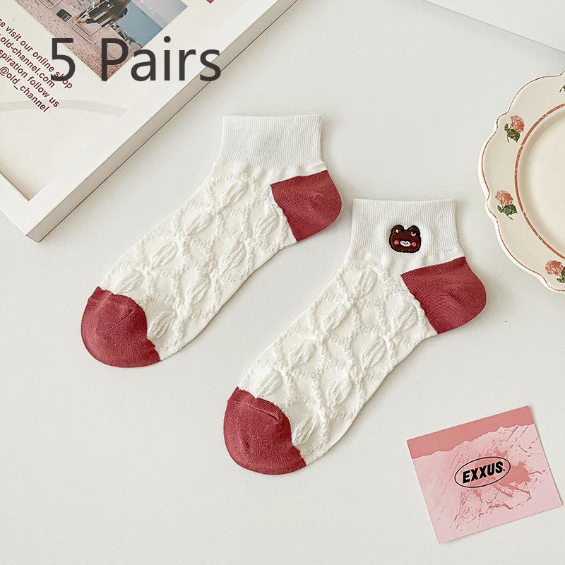 5 Pairs of Women's Pure Color Spring Summer Thin Embroidered Short Tube Boat Socks