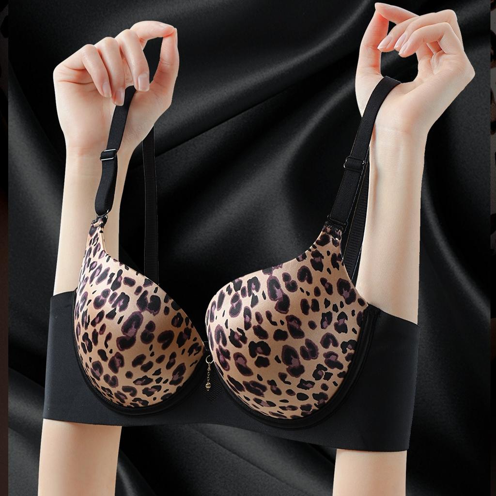 Sexy Leopard Print Front-button Bra for Small Breasts Push-up Bra for Side Breasts and Anti-sagging No Steel Ring Seamless Back Bra