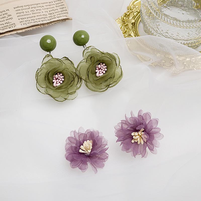 Chiffon Lace Flower Earrings: 925 Silver, Purple & Avocado Green Petals