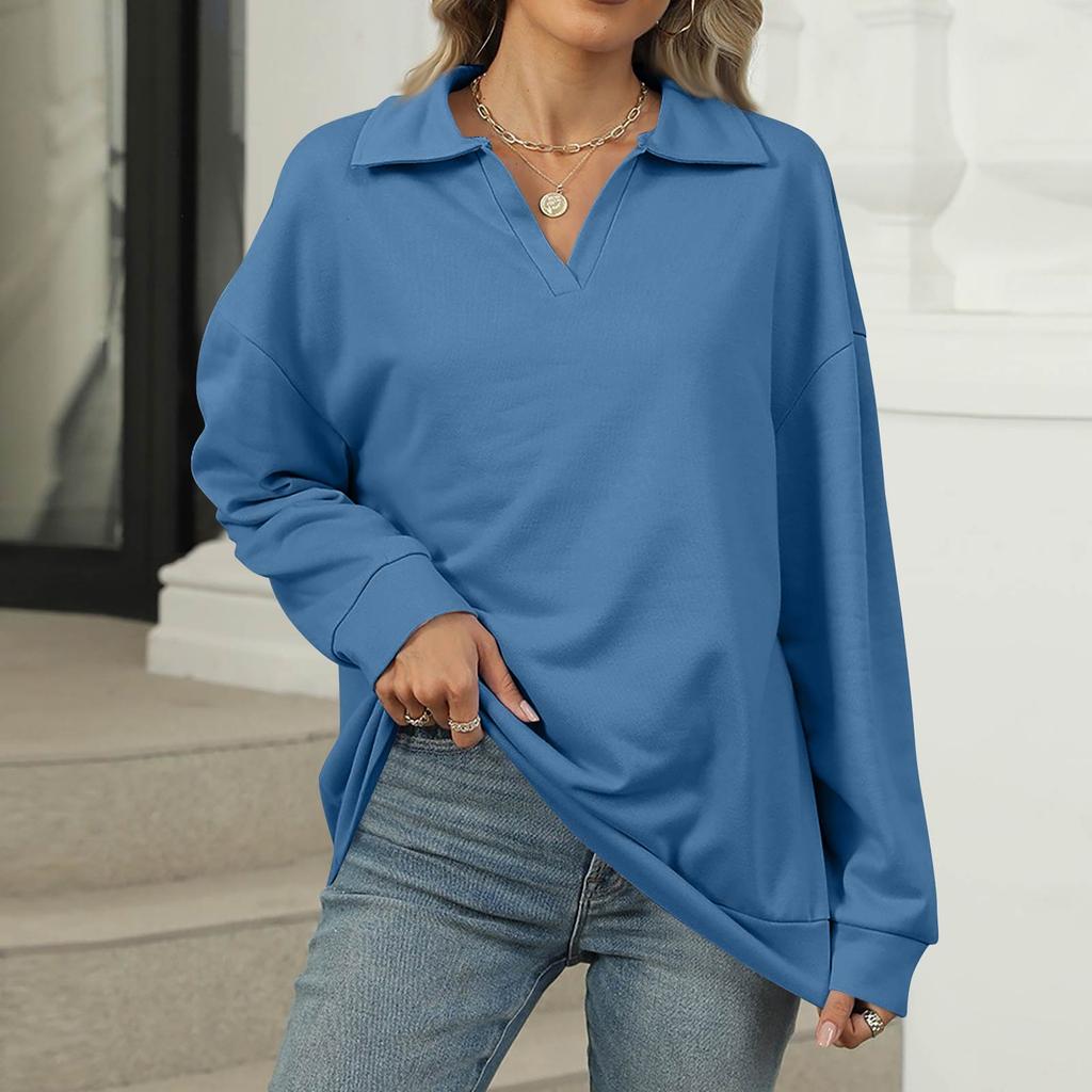 Women's Fashion Oversized Solid Color V-Neck Sweatshirt Long Sleeve Casual Top