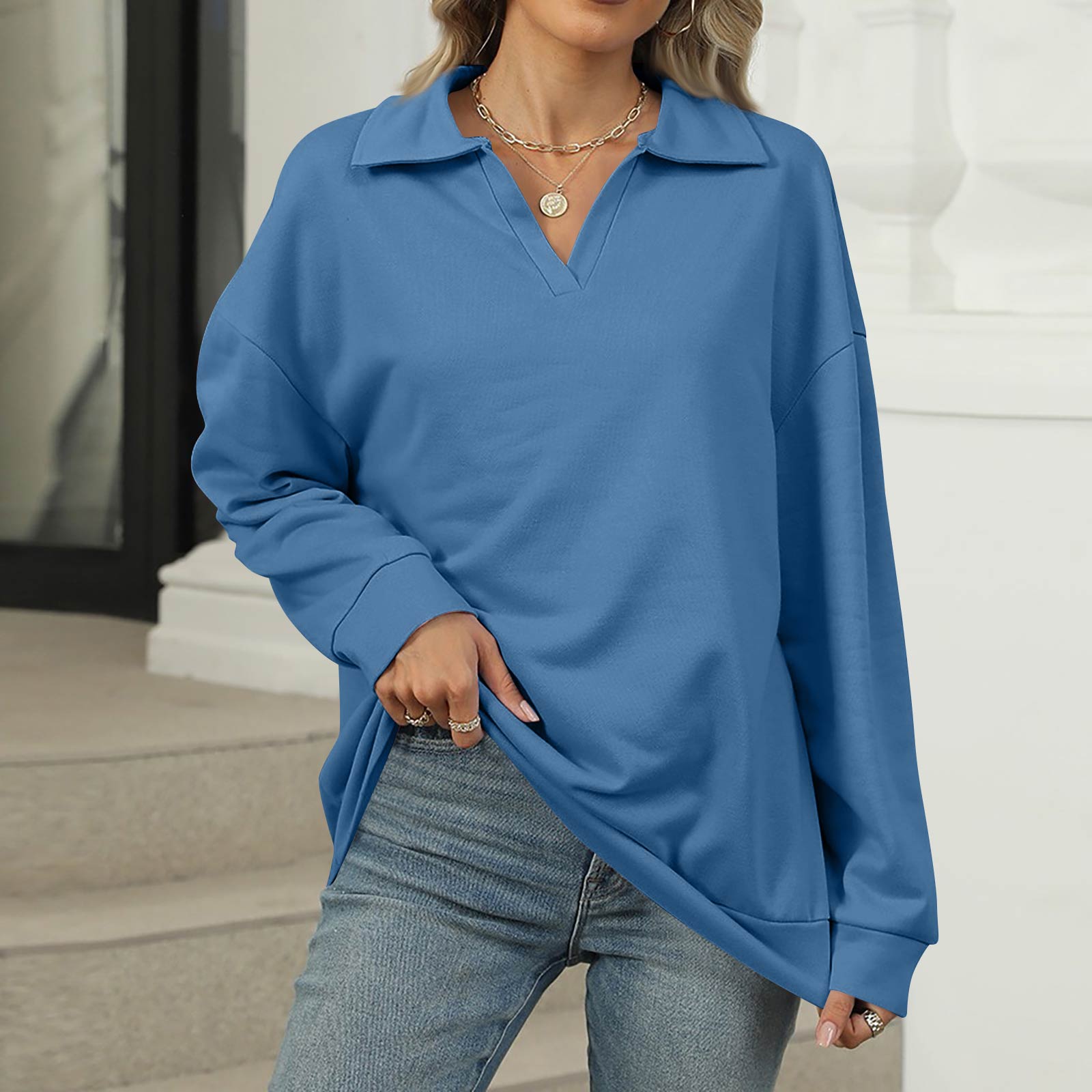 

Женский модный свитшот оверсайз однотонный с V-образным вырезом и длинным рукавом, повседневный топ XL