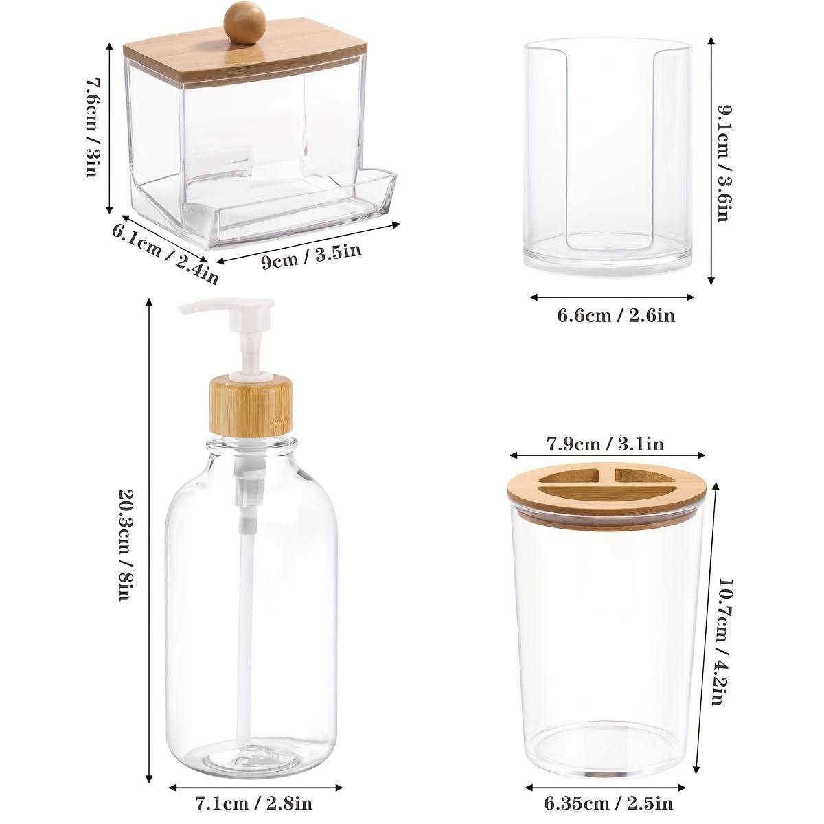 

Bathroom Jar Accessories Set 4 Pcs - Clear Toothbrush Holder Plastic Soap Dispenser Bathroom Cup Dispenser Qtip Holder