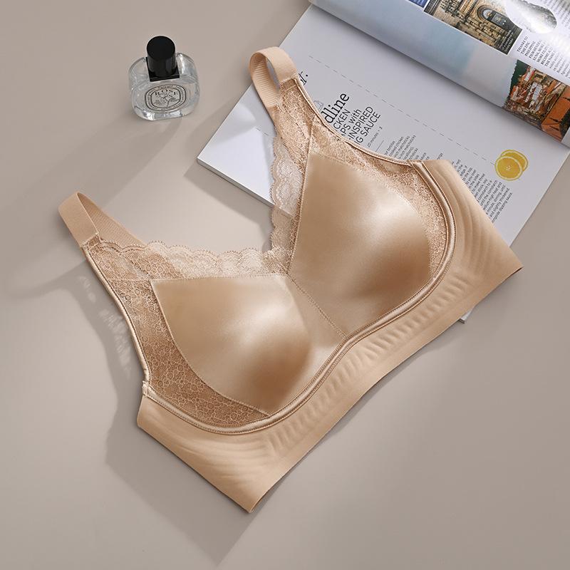 Lace Satin Gather Bra for Large Busts - Minimizing, Seamless, Comfortable, Wire-Free, Fixed Water Drop Cup