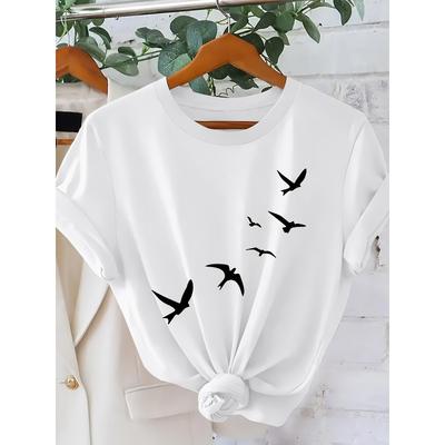 European Size Women'S Modern Style Short-Sleeved T-Shirt with Soaring Swallows Pattern | Casual, Cute, Fashionable