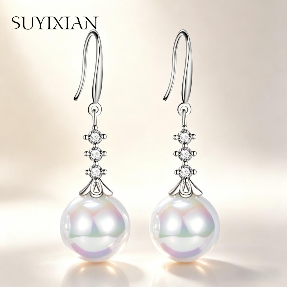 925 Sterling Silver Fashion Temperament Mermaid Ji Pearl Four Petal Flower Earrings Birthday Party Anniversary Gift
