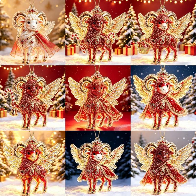 2D Acryl Sternzeichen Steinbock Weihnachtsbaum Anhänger Glücksbringendes Rot-Gold Design Für Rückspiegel Neujahr Hausdekoration