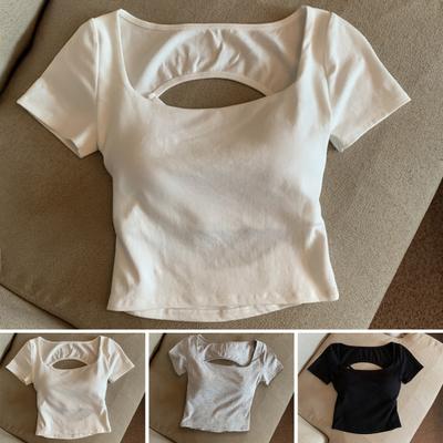 Damen T-Shirt mit quadratischem Kragen, kurzärmelig, mit Hohlkreuz, einfarbig, schmale Passform, kurze Oberteile für den Alltag