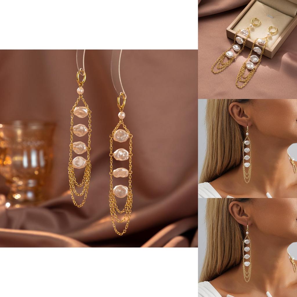 Unique Geometric Faux Pearl Pendant Earrings Stylish Chain Drop Jewelry For Women
