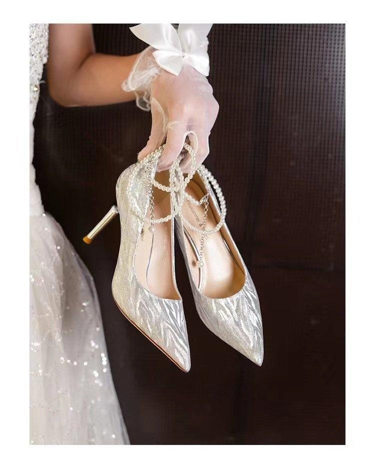 French high heels women's stiletto 2024 new temperament rhinestone bow main wedding crystal wedding shoes bride shoes