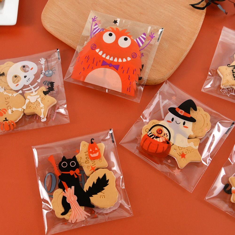100PCS Self-adhesive Halloween Plastic Candy Pouch Pumpkin Halloween Biscuit Gift Bag   Party