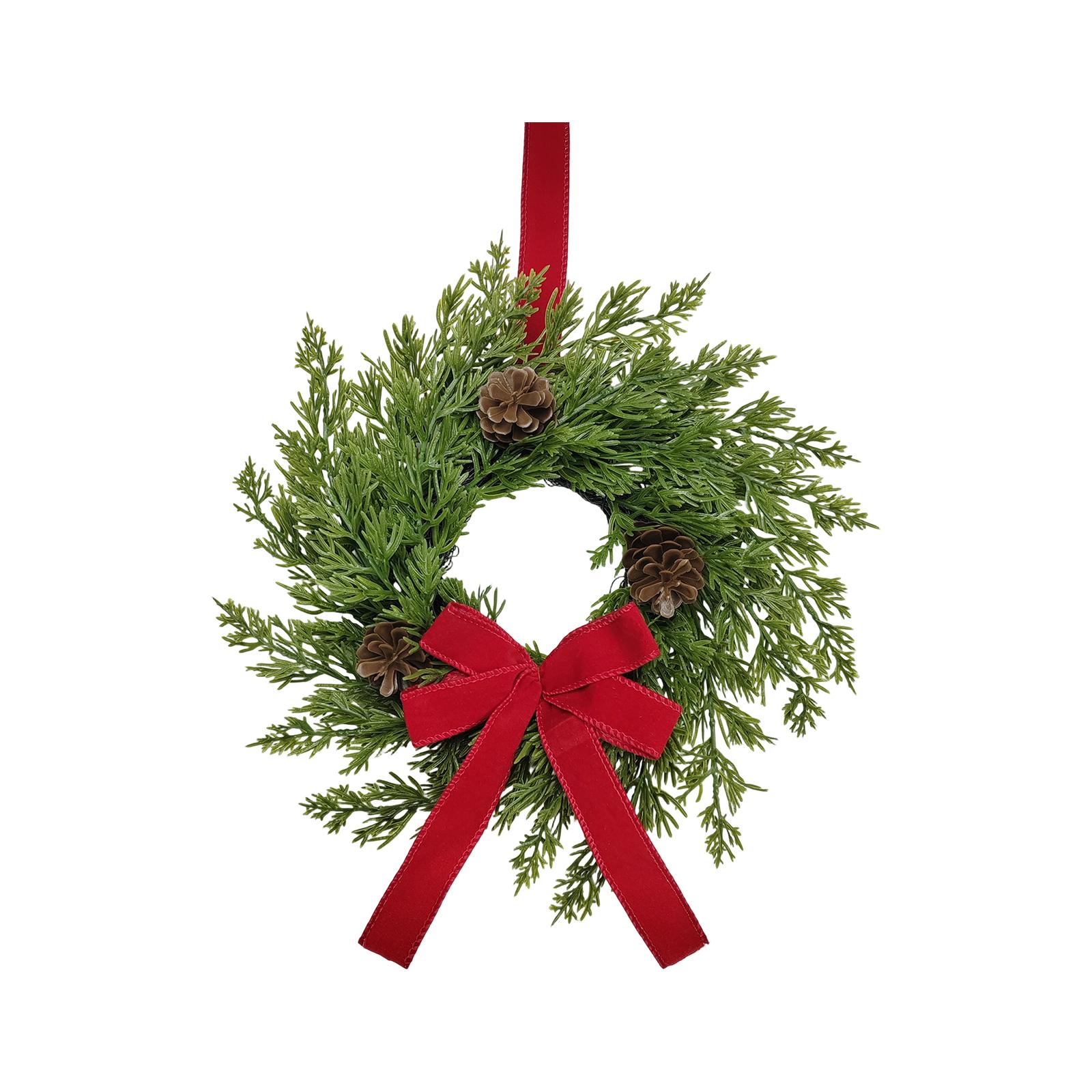 

Pre-Lit Artificial Christmas Wreath, Artificial Christmas Garland For Front Door With Red Bow, Cones, Red Berries, One Size
