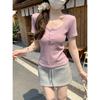 Summer Korean Style Sweet Square Neck Lace Trim Button Slim Fit Short Sleeve Top
