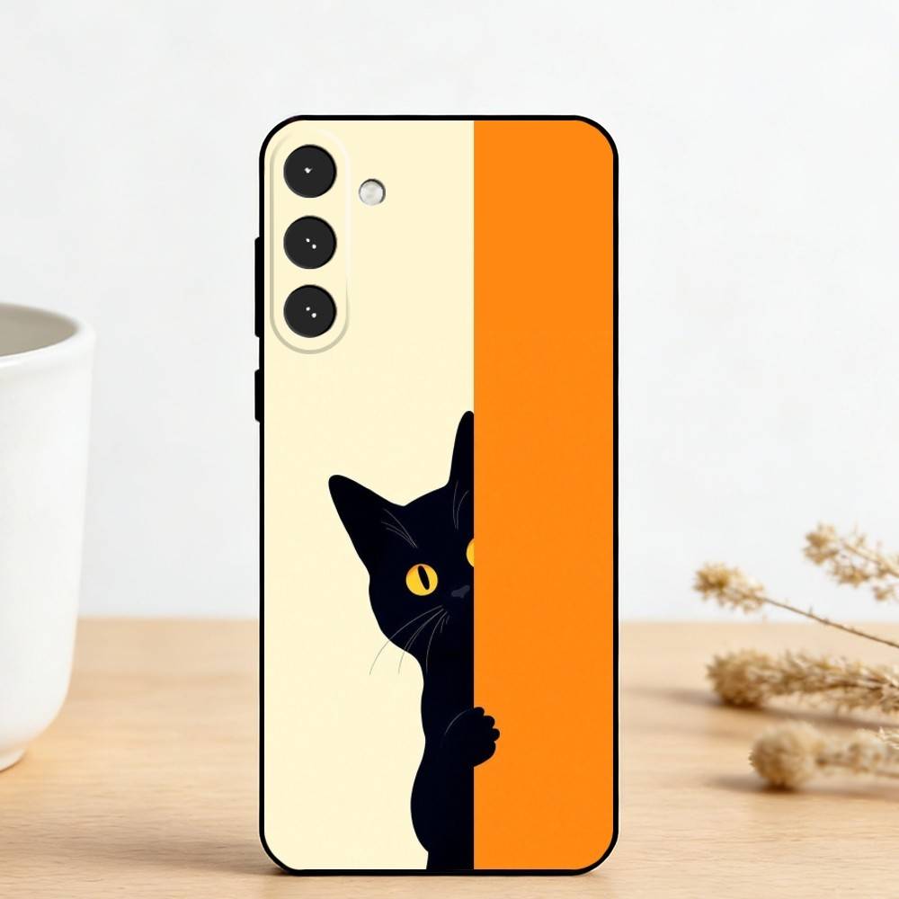 C-Cute Black White Cat   Phone Case For Samsung Galaxy A73,A72,A71,A70,A53,A52,A51,Others Soft Black Cover