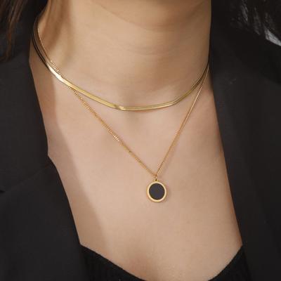 Black Round Pendant Necklaces for Women Stainless Steel Gold Double Layer Choker Necklaces Wedding Jewelry Gift