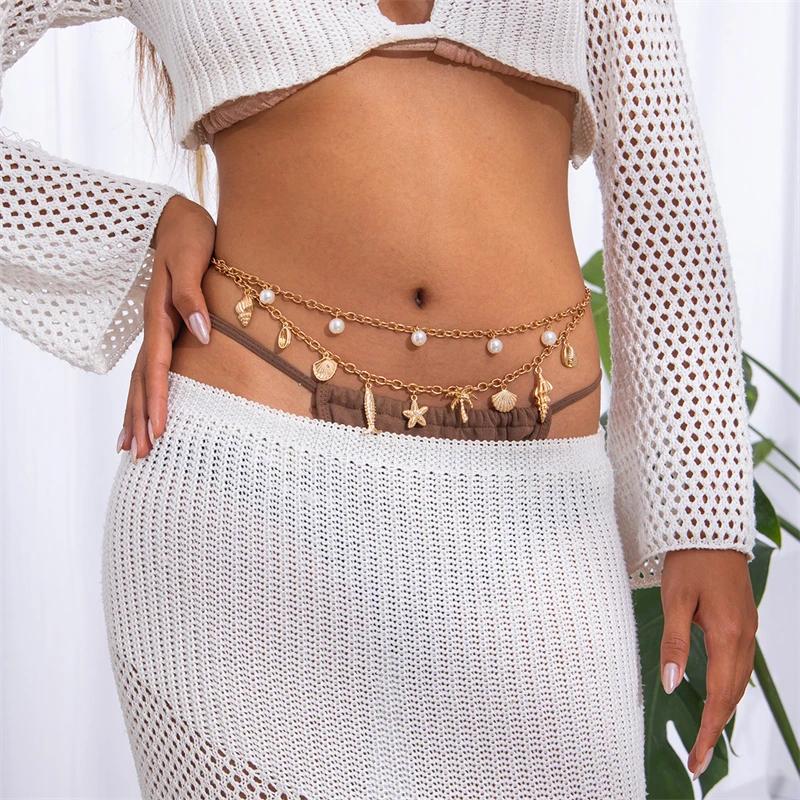 Bohemian Starfish Conch Shell Waist Chain for Women Fashion Imitation Pearl Personality Beach Belly Chain Body Jewelry Gifts