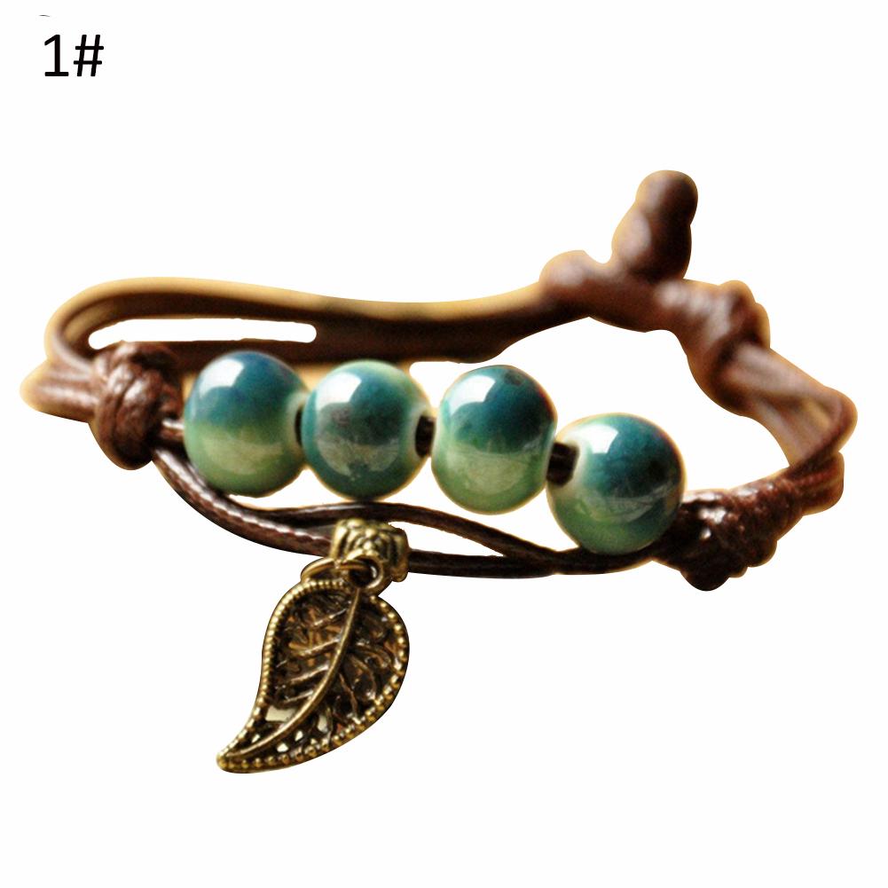 Diamonding Jewelry Ethnic Leaf Cat Charm Ceramics Beaded Bracelet Women Handwoven