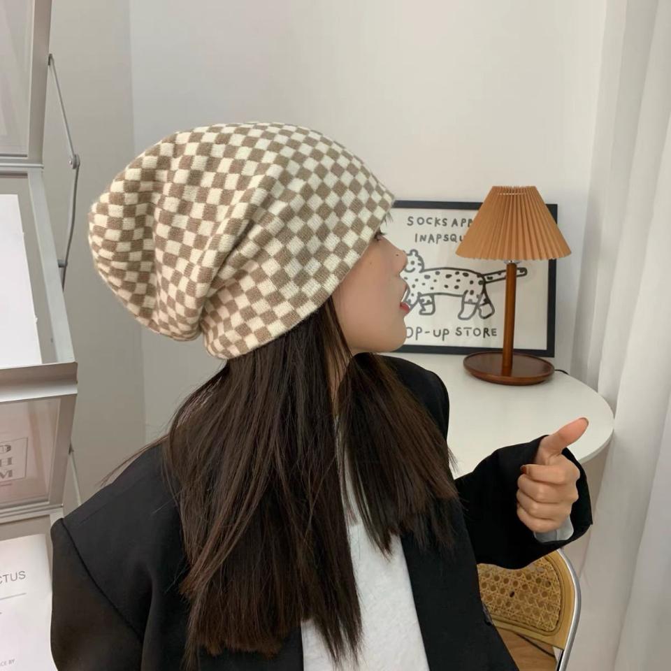 

Женская и мужская вязаная шапка в стиле хип-хоп в шахматном порядке, осень-зима, корейская модная шерстяная шапка для влюбленных, теплые шапочки, решетчатые шапки для пары 56-58cm хаки