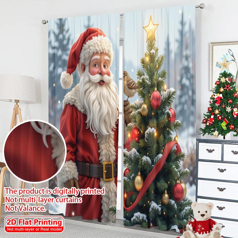 2pcs 2D Flat Printing Merry Christmas Curtain Santa Bird Christmas Tree Snow Fabric Without Electricity Festive Wall Decor for