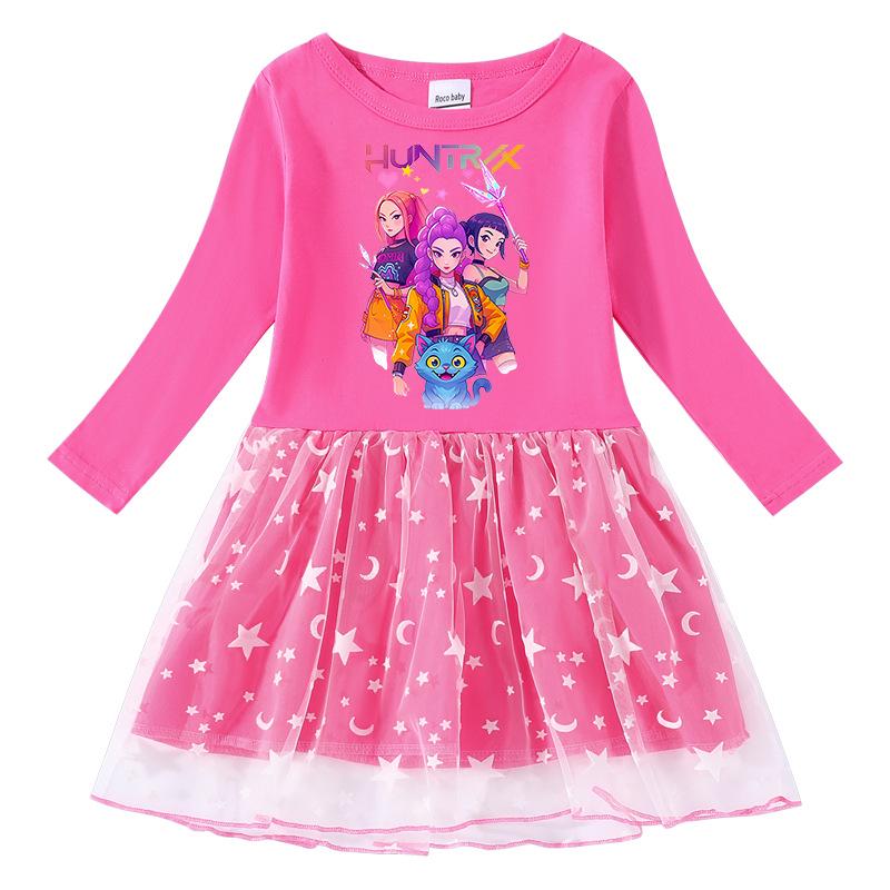 Children's Kpop Demon Slayer Rainbow Sequin Mesh Princess Dress - Short Sleeve for Summer, Long Sleeve for Spring/Autumn